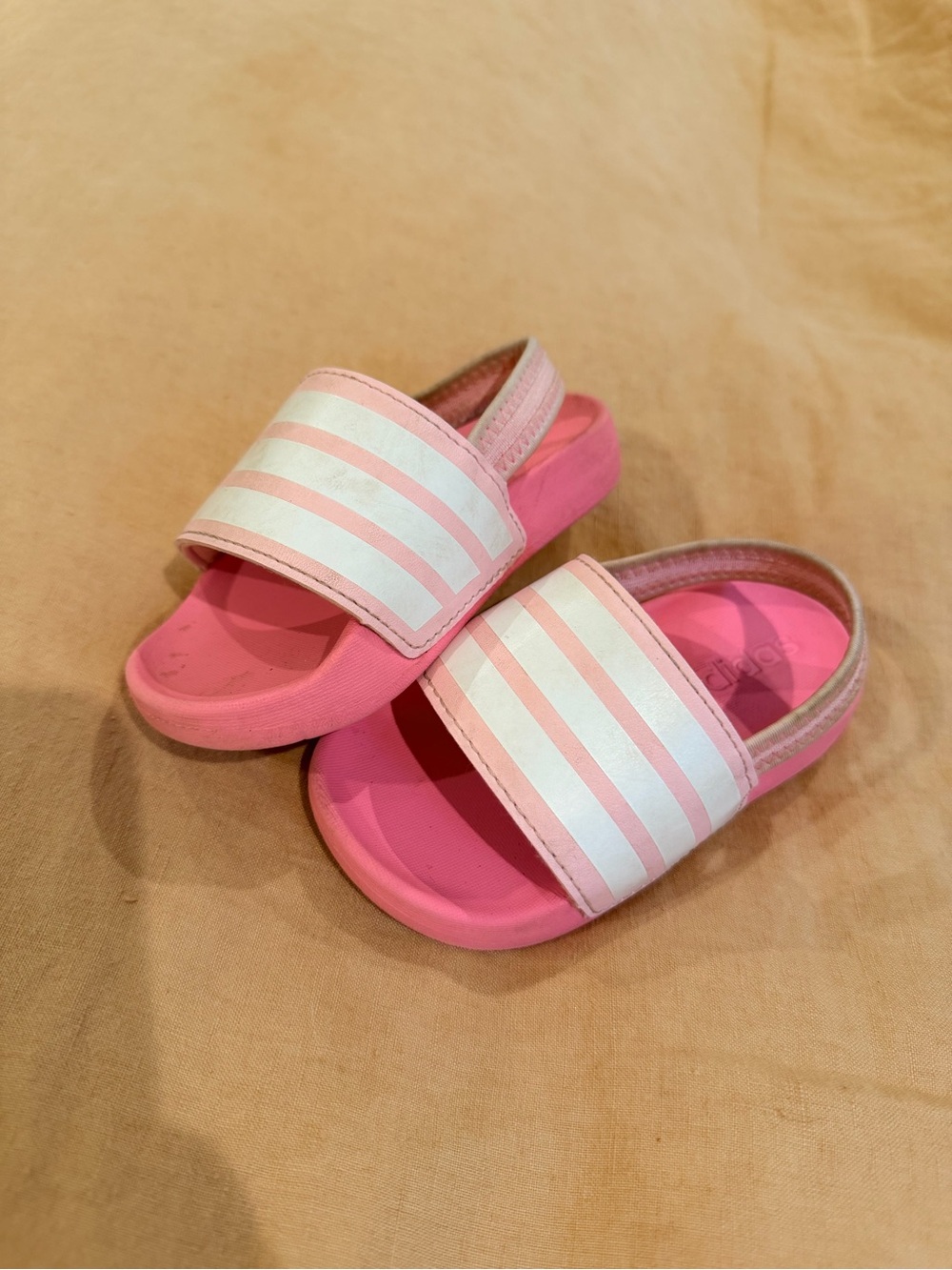 adidas Kids Pink Slide Sandals with White Striped Band